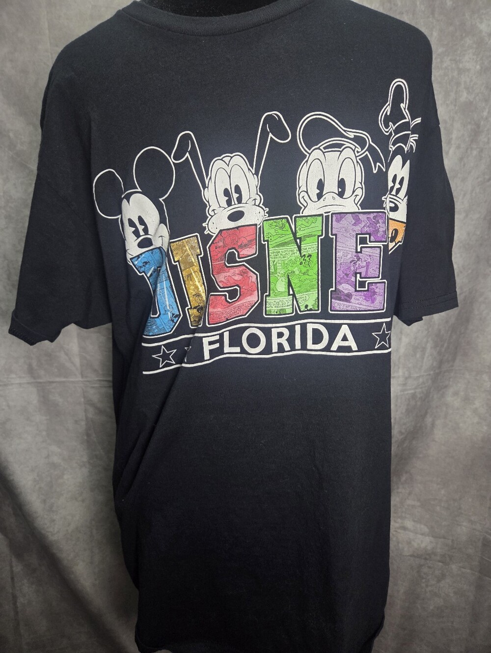 Disney Black Tee with Multicolor Block 'DISNEY' & Characters